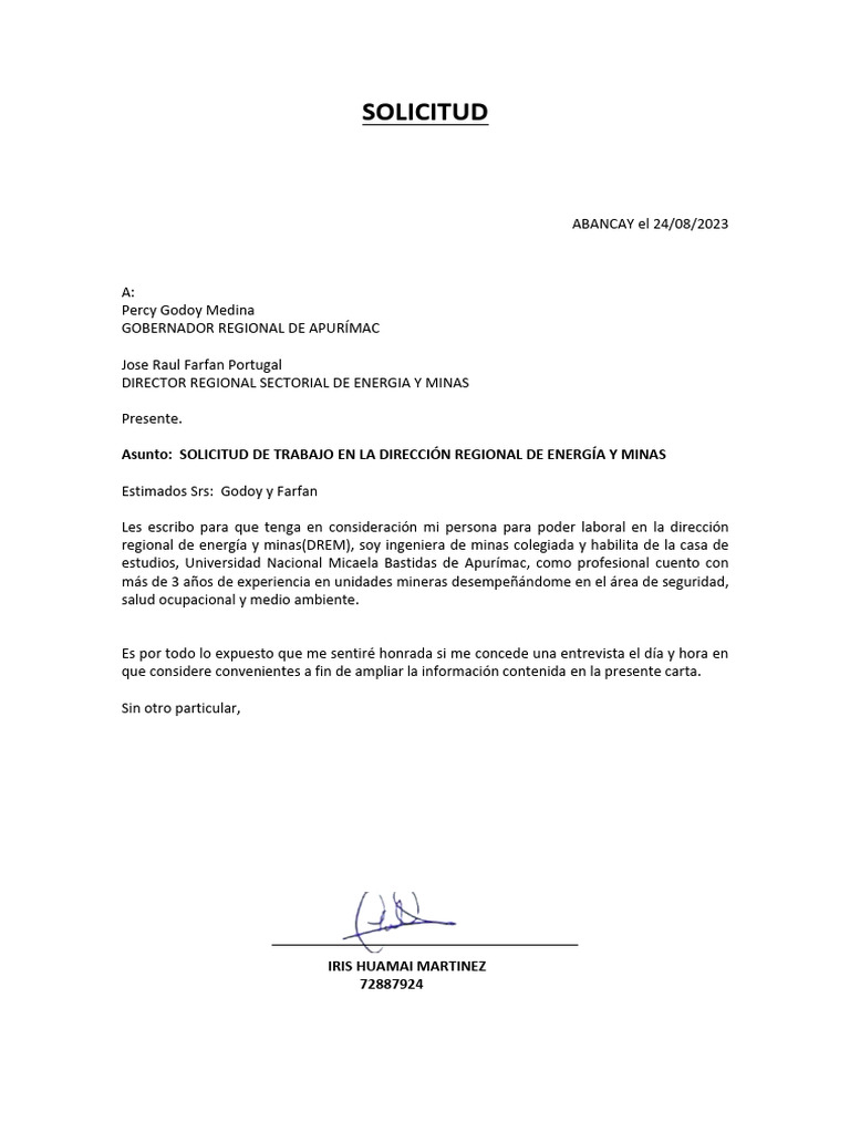 Solicitud de Trabajo en Energía y Minas | PDF