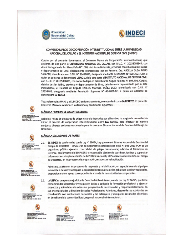 Convenio Marco De Cooperacion Interinstitucional Unac Indeci Pdf