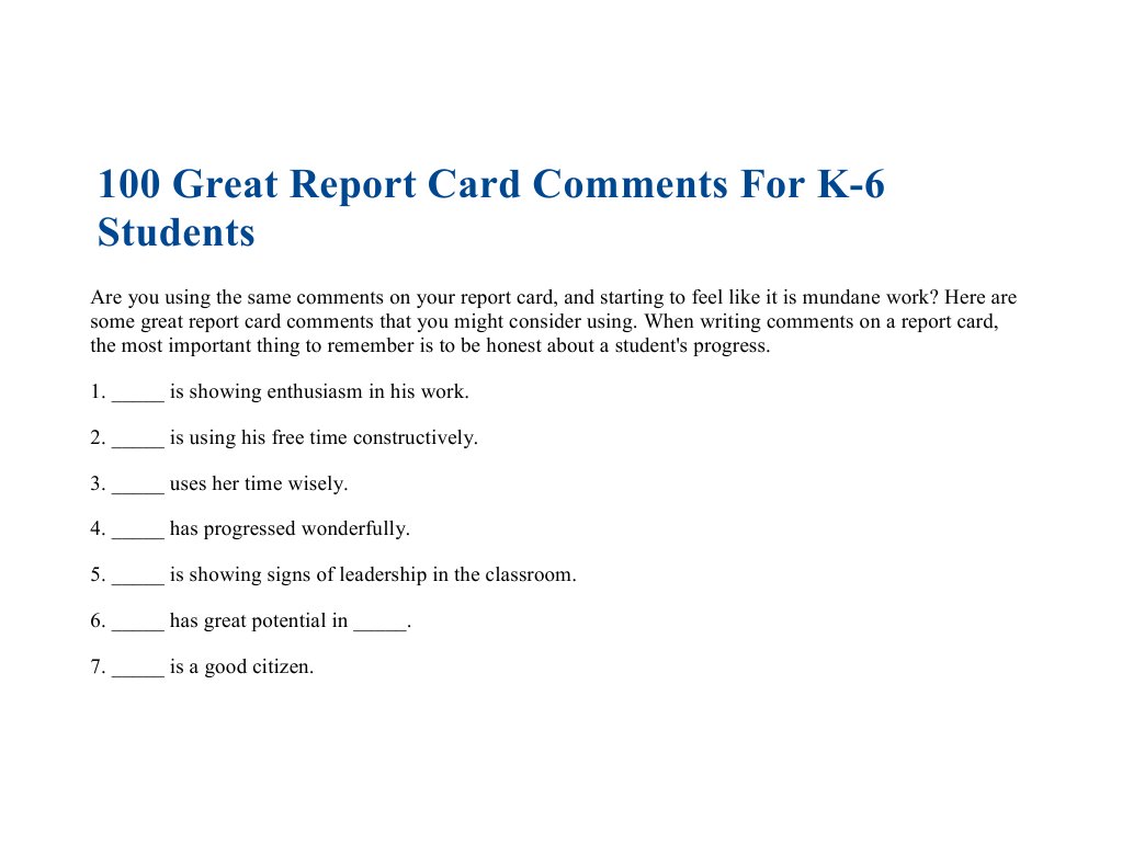 100 Great Report Card Comments for K