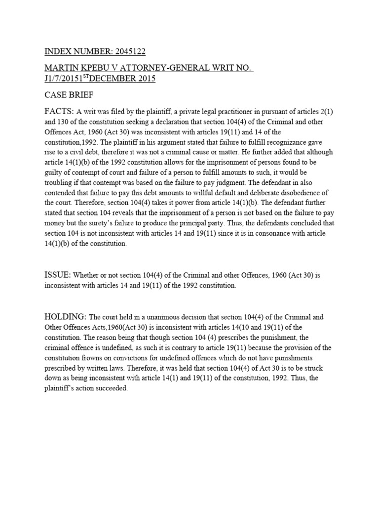 Kpebu v Attorney-General Case Summaries | PDF | Bail | Crimes