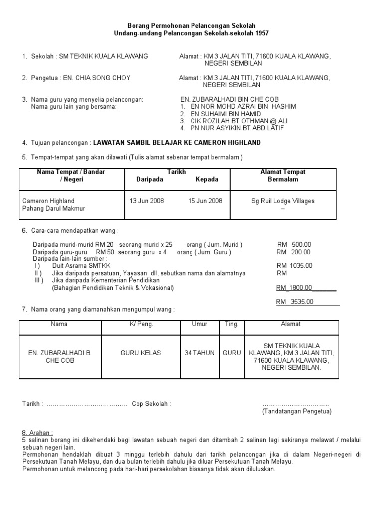 Contoh Borang An Pelancongan Sekolah Pdf