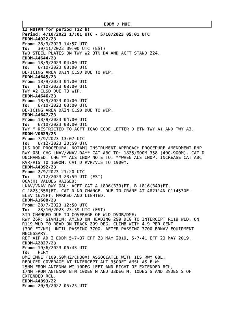 Munich Airport NOTAMs: Oct 2023 Update | PDF | Radio | Measuring Instrument