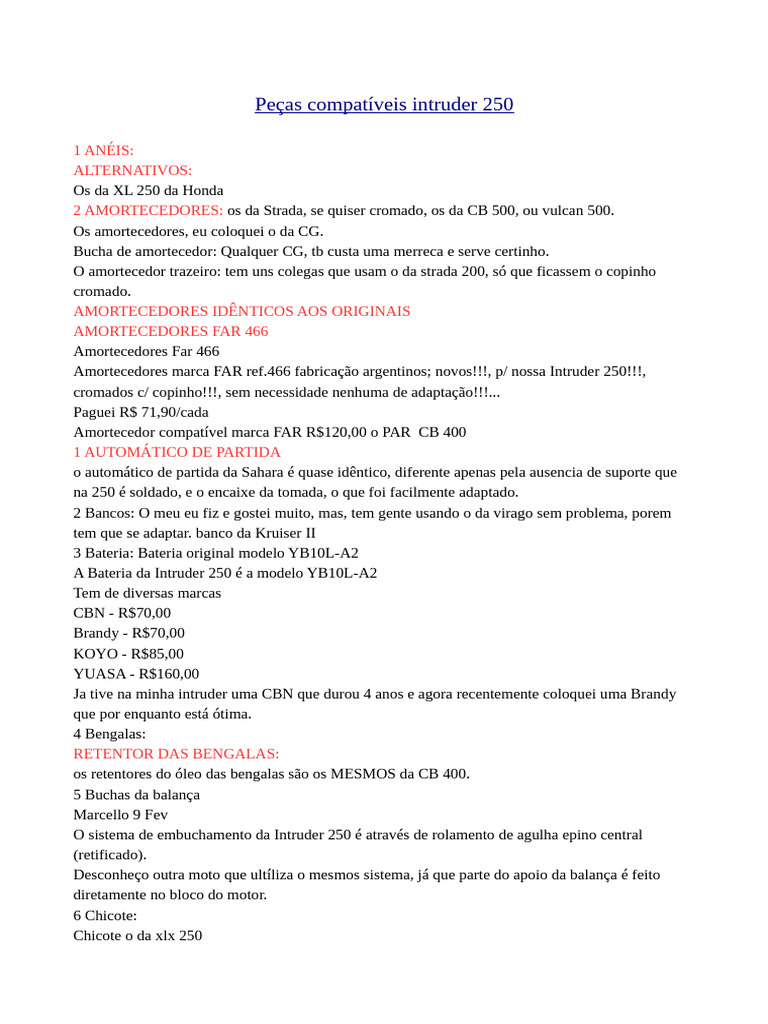 Peças Compatíveis para Intruder 250 | PDF