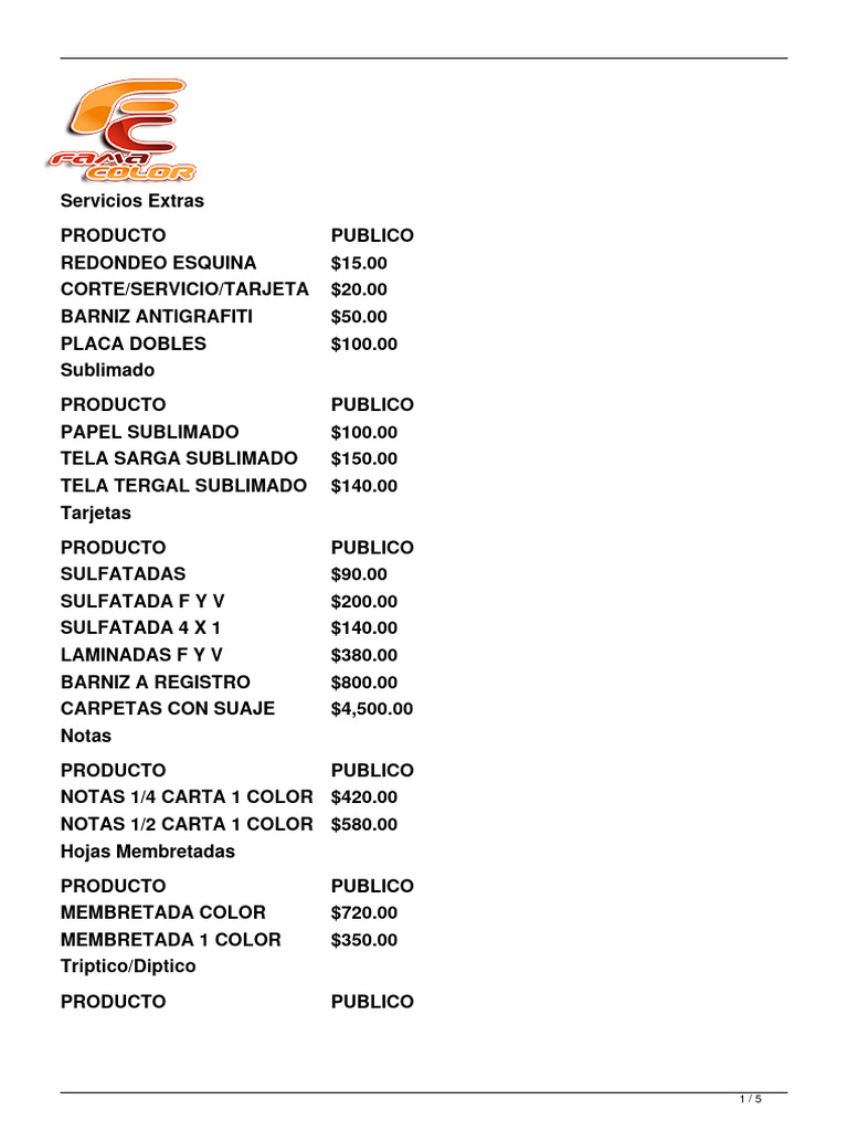Precios de Servicios y Productos Fama Color | PDF | Cocina, comidas y vino