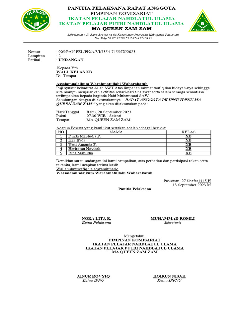 Surat Undangan Kelas XB RAPTA IPNU IPPNU 2023 | PDF