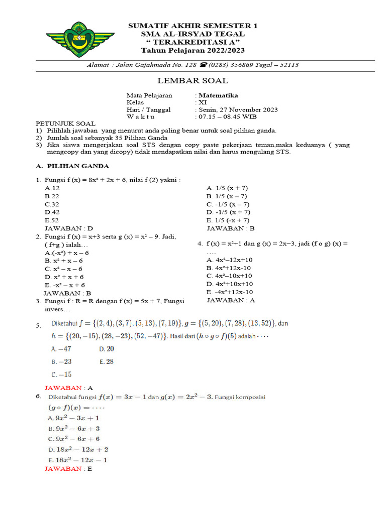 SAS MATEMATIKA XI, Semester 1 2023-2024 | PDF