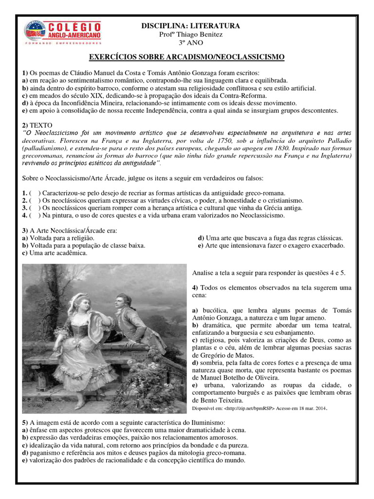 Exercícios sobre Arcadismo e Neoclassicismo | PDF | Arte | Clássicos