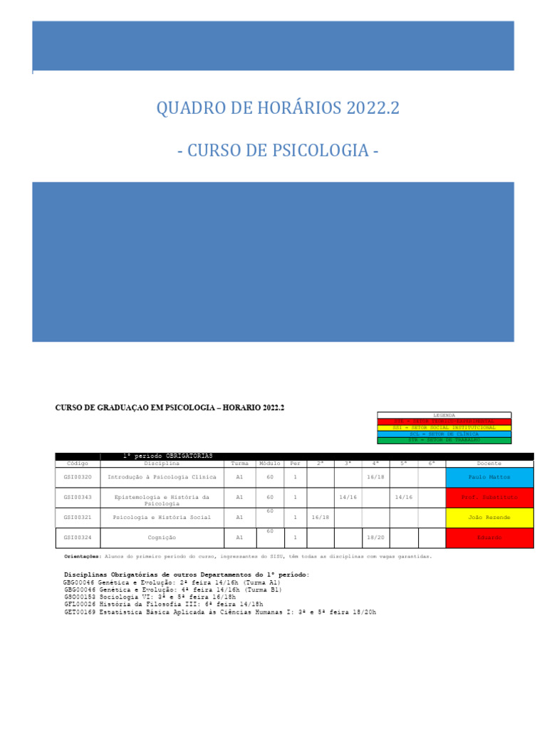 Quadro de Horários Psicologia 2022.2 PDF Psicologia Sociologia
