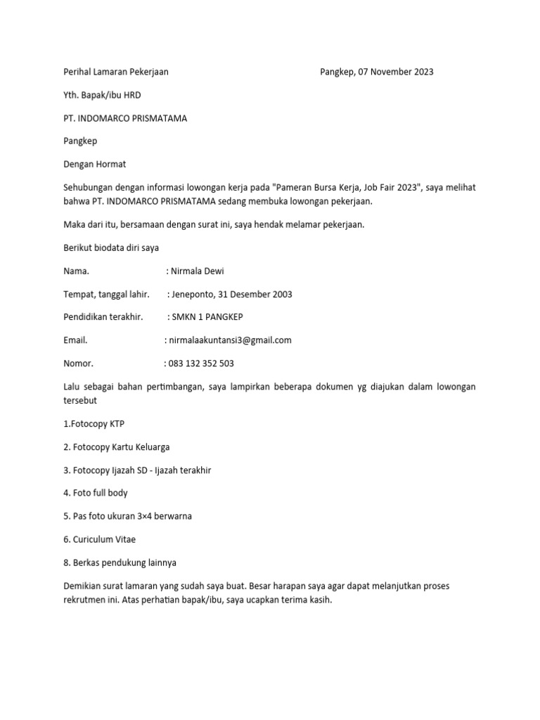 Surat lamaran kerja PT INDOMARCO PRISMATAMA | PDF