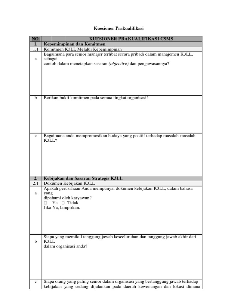 Contoh Kuesioner CSMS K3LL | PDF