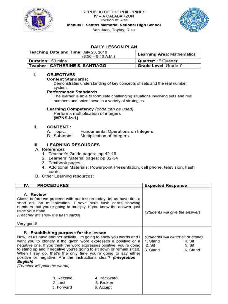 Multiplying Integers Lesson Plan | PDF | Multiplication | Question