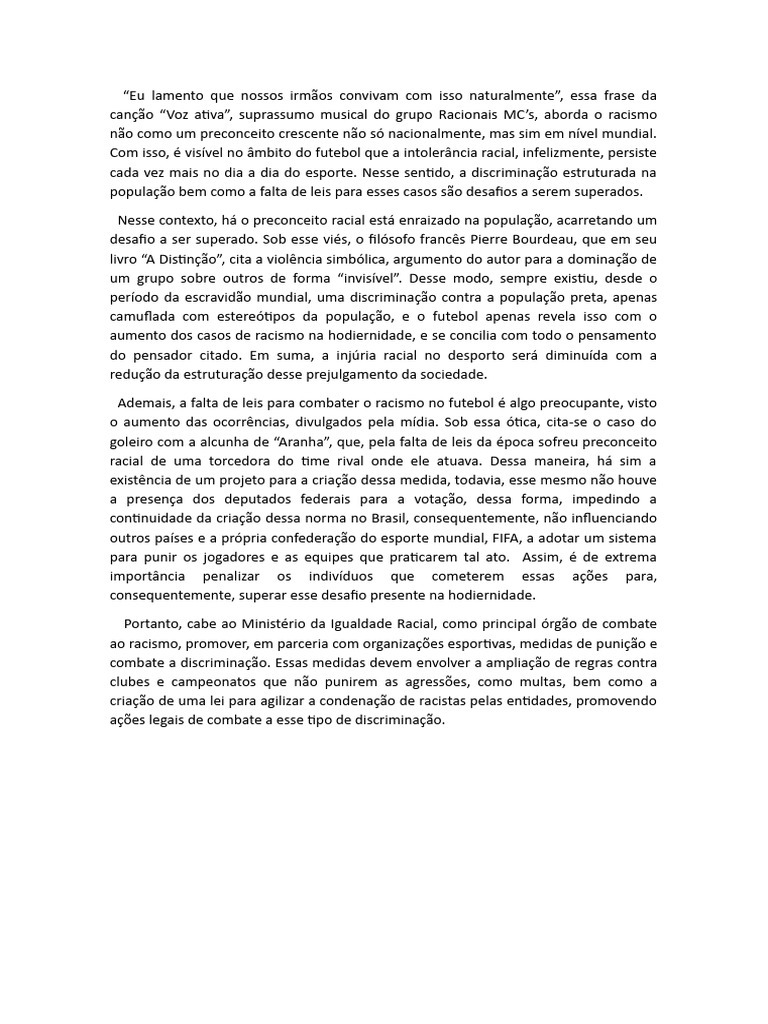 Redação 900+ Sobre o Racismo No Futebol | PDF | Racismo | Discriminação ...