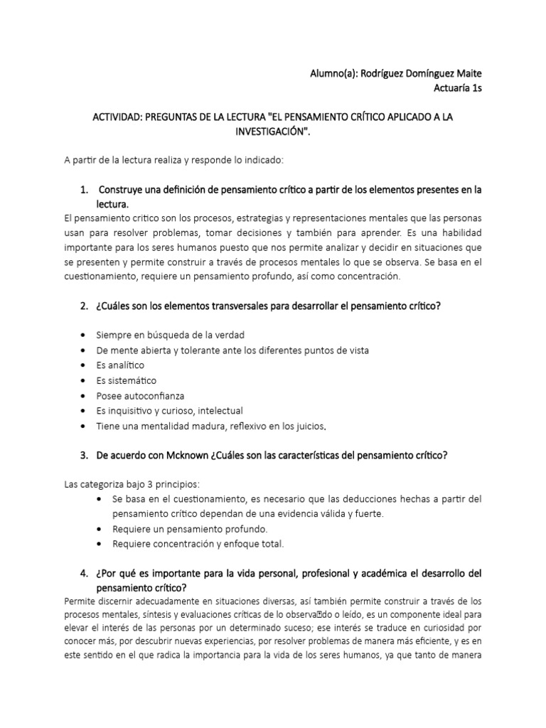 Preguntas de Pensamiento Critico | PDF | Crecimiento personal y ...