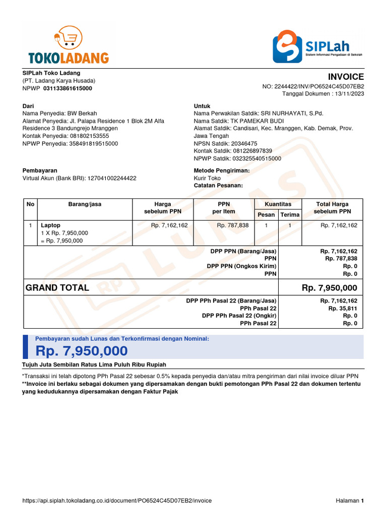 Contoh Invoice dengan PPN dan PPh 22 | PDF
