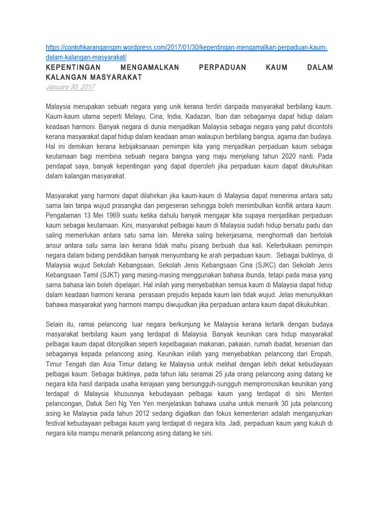 Perpaduan - contoh karangan | PDF