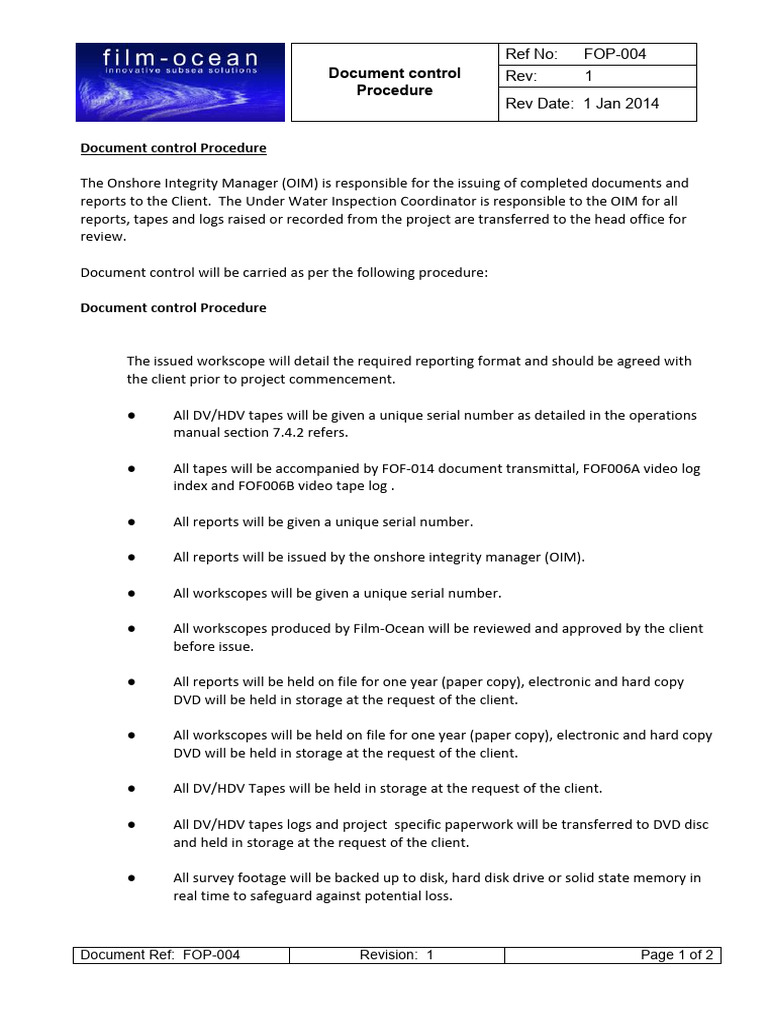FO Procedure 00401 Document Control Procedure PDF Information And