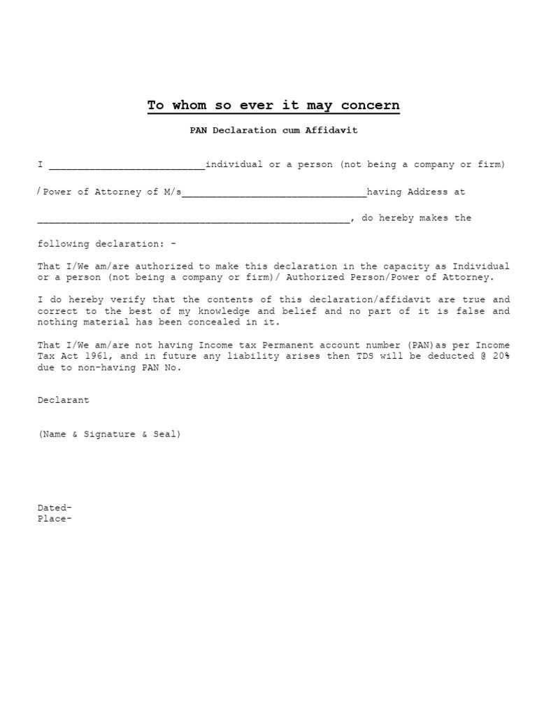 To Whom So Ever It May Concern: PAN Declaration Cum Affidavit | PDF ...