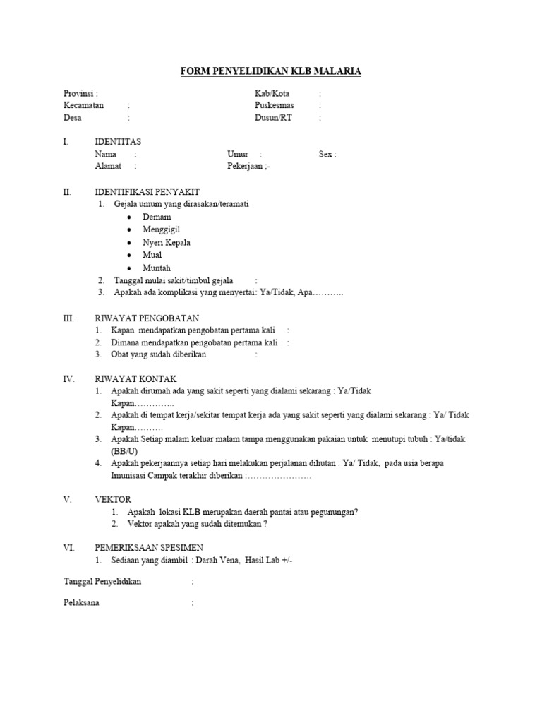 FORM PENYELIDIKAN KLB MALARIA | PDF