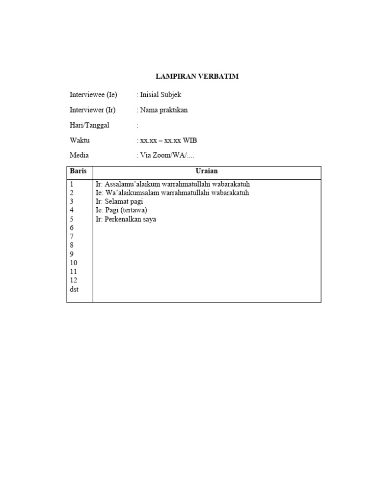 Format Transkrip Verbatim Wawancara | PDF | Kajian Bahasa Asing