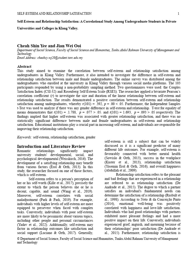 Self-Esteem and Relationship Satisfaction Study | PDF