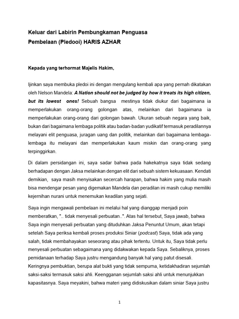 Pledoi Haris Azhar 202 Final | PDF | Politik | Sains & Matematika