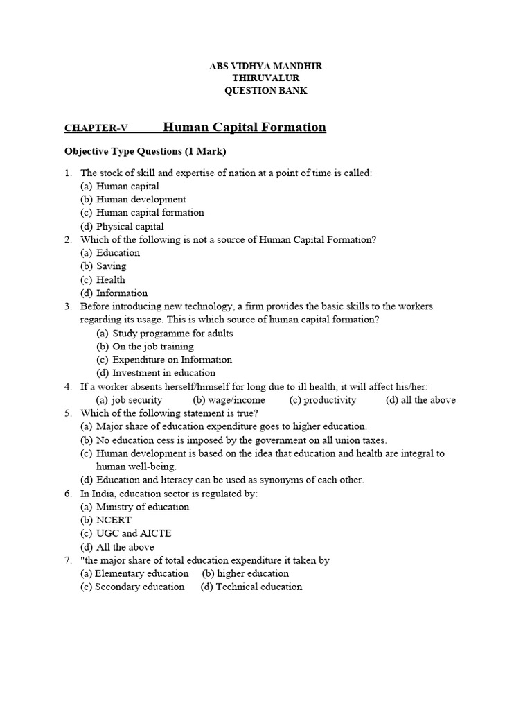 Human Capital Formation - Question Bank | PDF | Human Capital | Capital