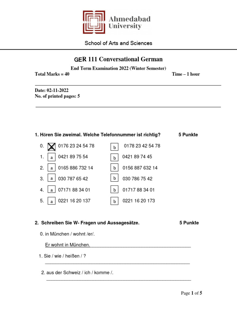GER111 - End Term Examination - 2022 | PDF