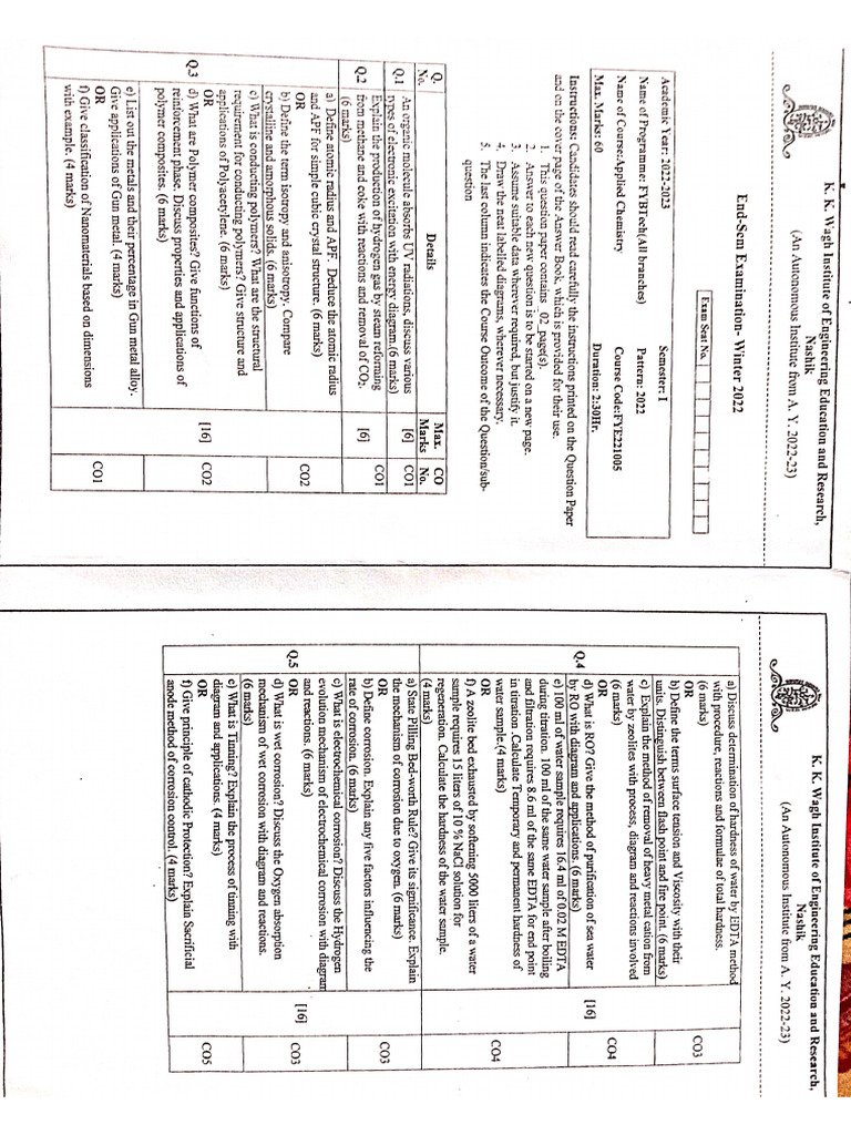 Chem, Fee, Math, C-Prog End Sem Questions | PDF