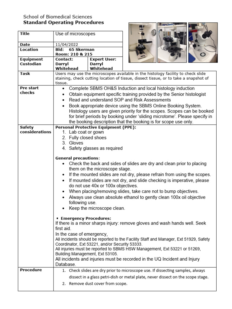 SOP Use of Brightfield Microscopes PDF Histology