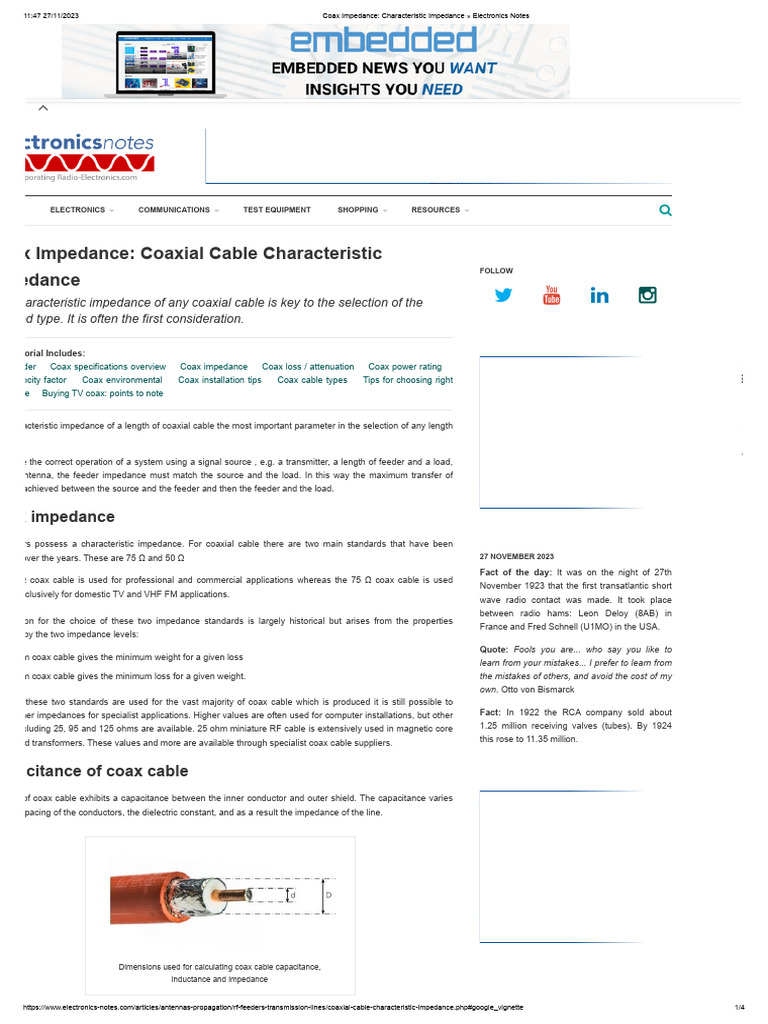 Coax Impedance Characteristic Impedance Electronics Notes PDF