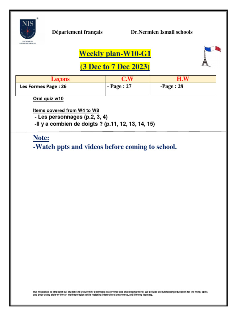 Weekly French Lesson Plan W10-G1 | PDF