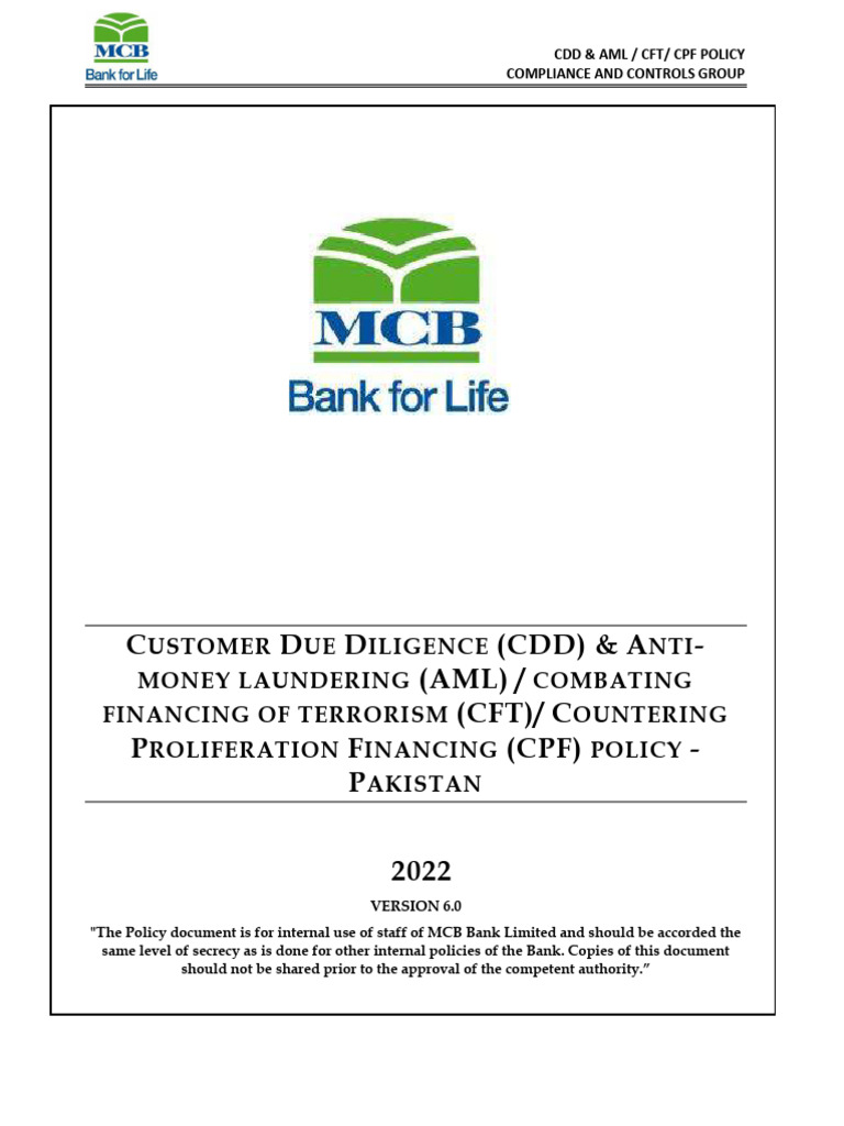 CDD and AML CFT CPF Policy Pakistan 2022 | PDF