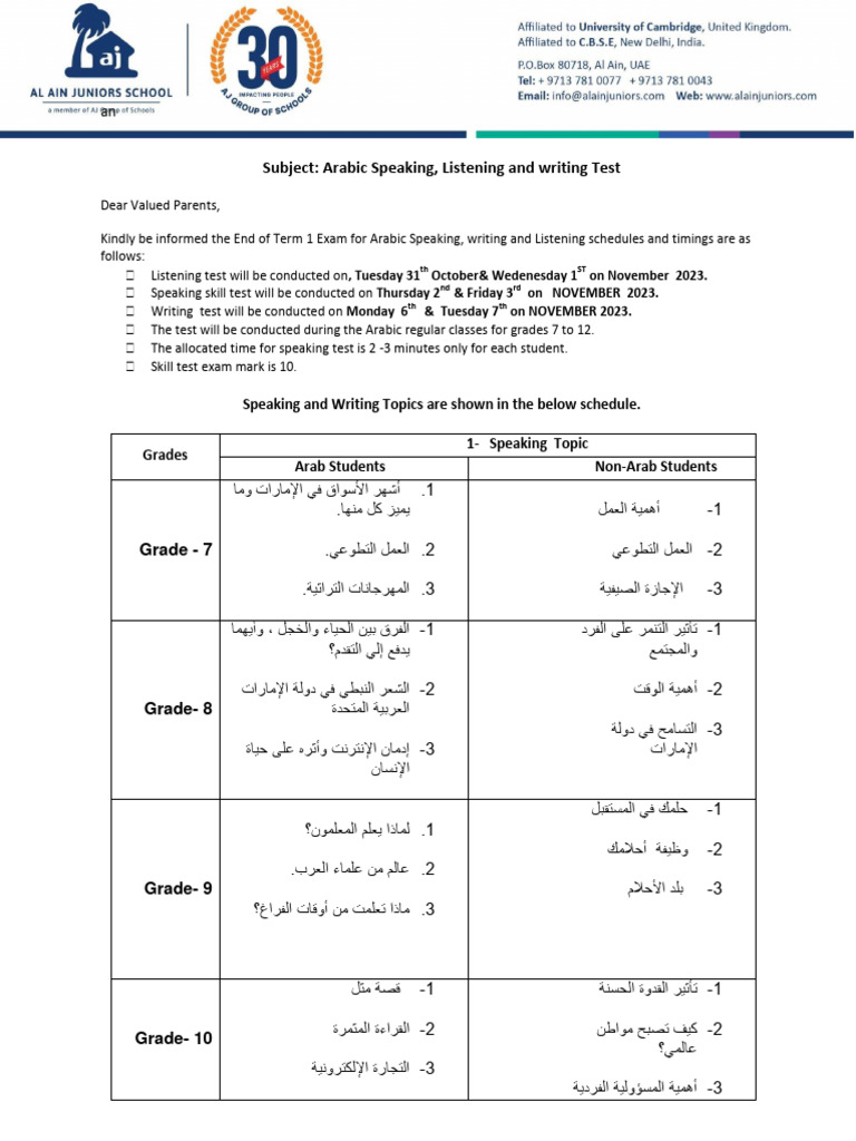 Arabic Speaking, Writing& Listening Test GR 7 - 12 | PDF