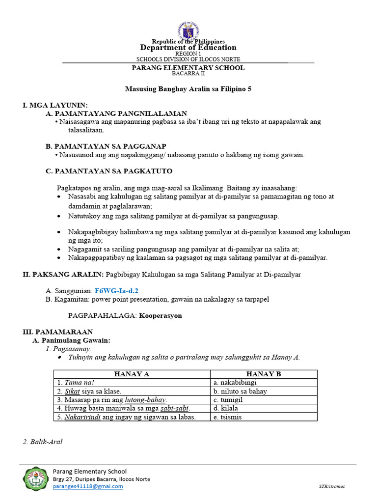 Demonstration Lesson Plan in Filipino 5 - 2022-2023 | PDF