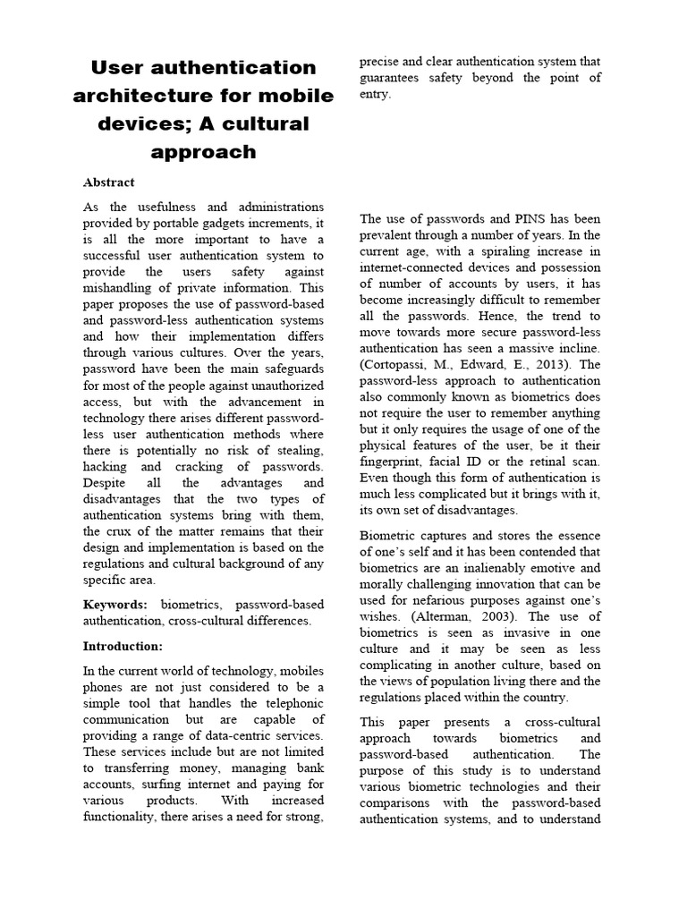 User authentication architecture for mobile devices | PDF | Biometrics ...