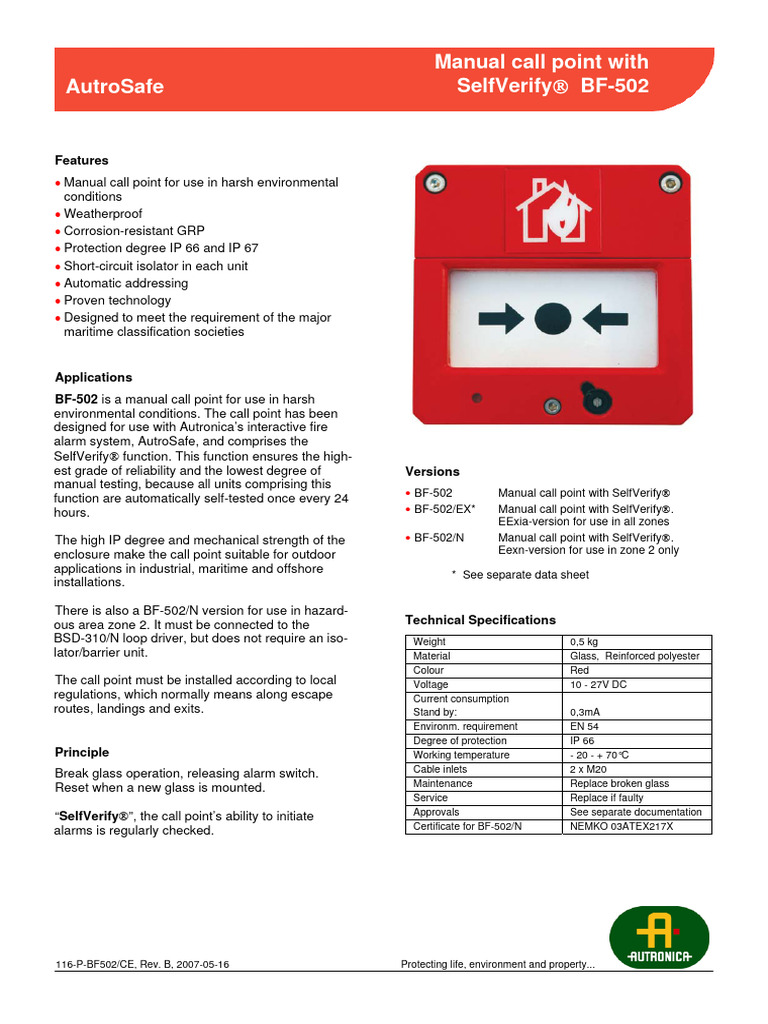 BF502Manual Call Point With Self Veify PDF Materials Physical
