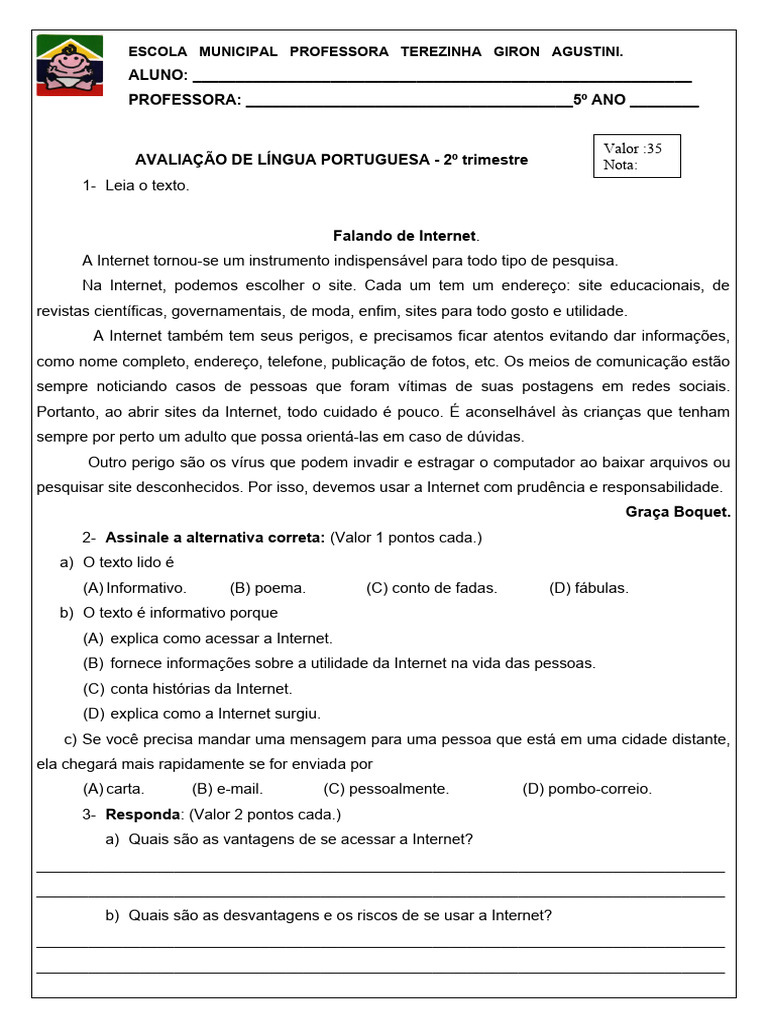 Avaliação de Língua Portuguesa 2 Trimestre | PDF