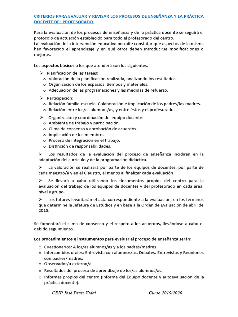 20 Criterios para Evaluar y Revisar Los Procesos de Ensenanza y La ...