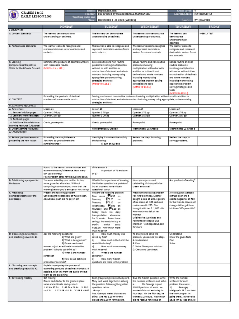 Grade 5 Math Daily Lesson Log | PDF | Learning | Mathematics