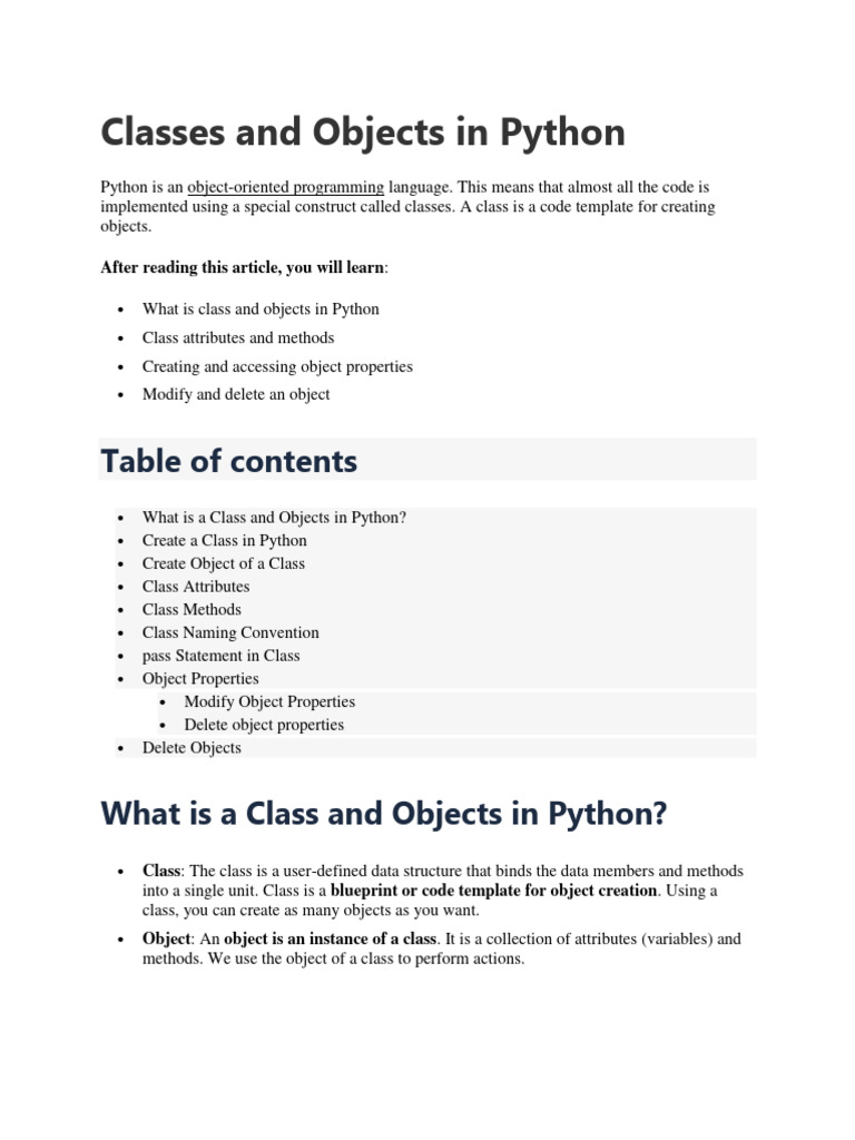 CLASS AND OBJECTS Notes With Examples | PDF