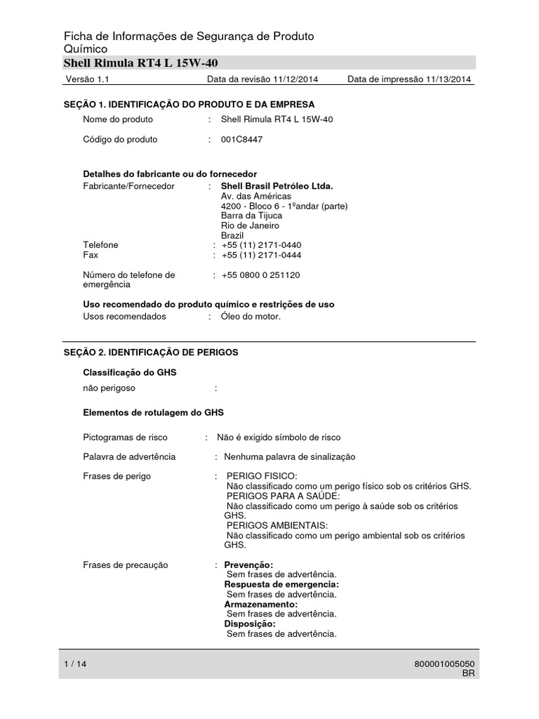 Ficha de Segurança Shell Rimula RT4 L 15W-40 | PDF