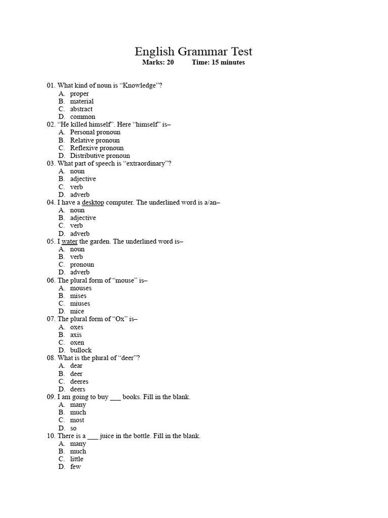 English Grammar Test PDF