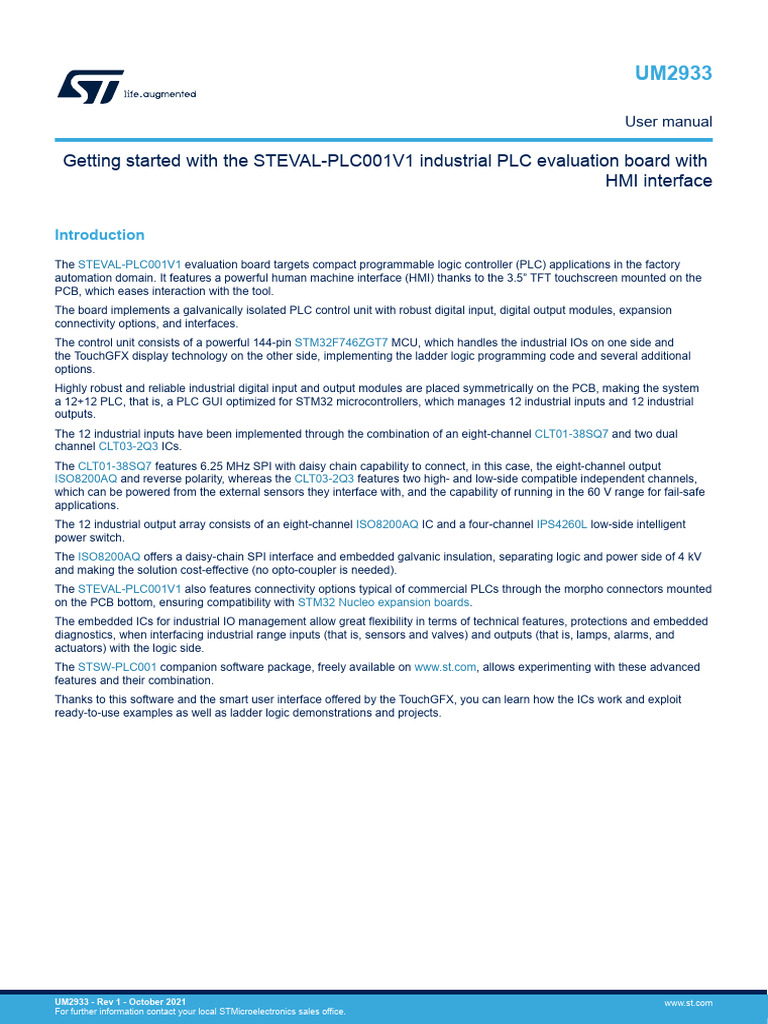 Um2933 Getting Started With The Stevalplc001v1 Industrial PLC ...