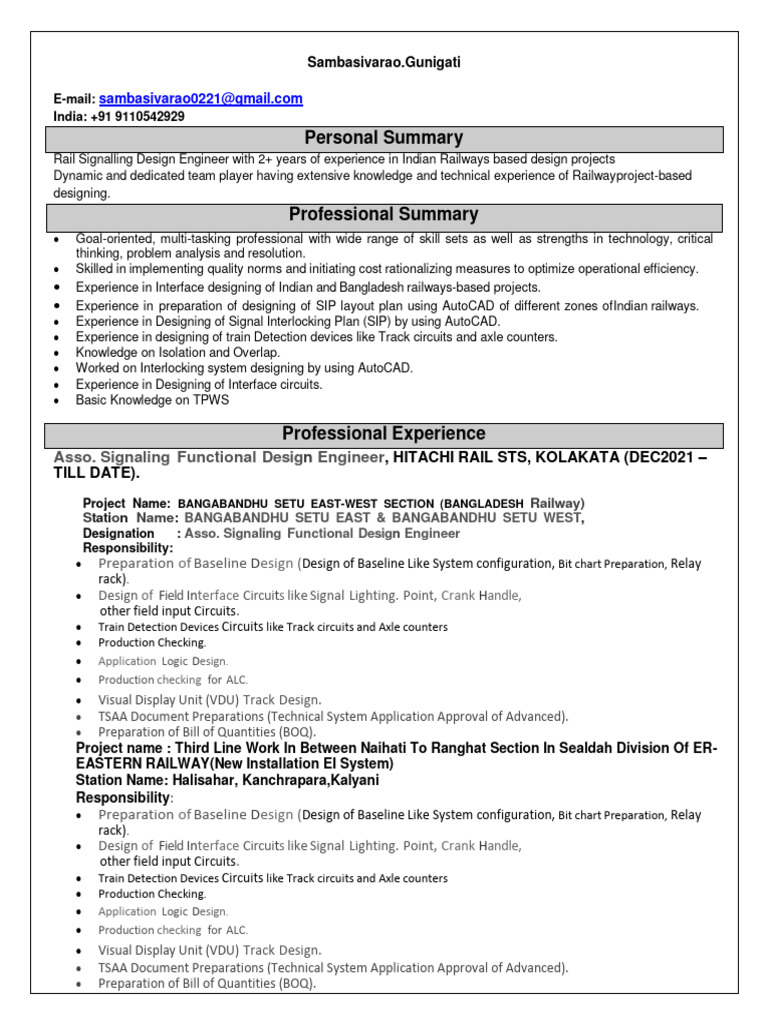 Rail Signalling Design Engineer Resume | PDF | Relay | Computer Monitor