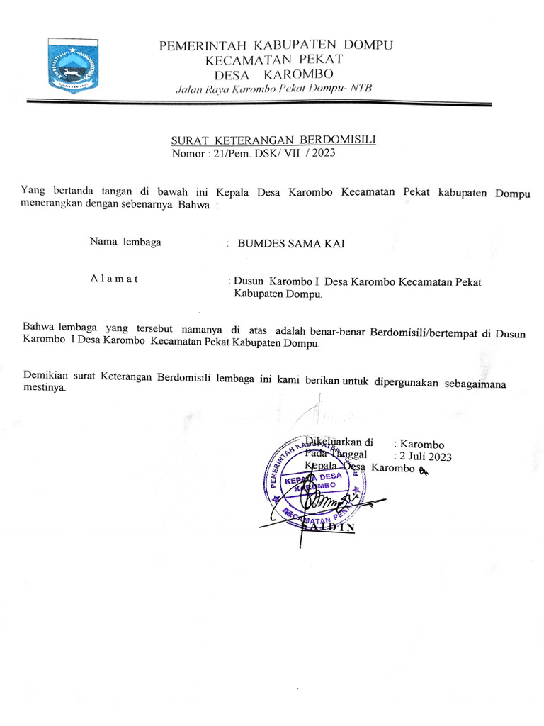  Surat Keterangan Berdomisili Bumdes 