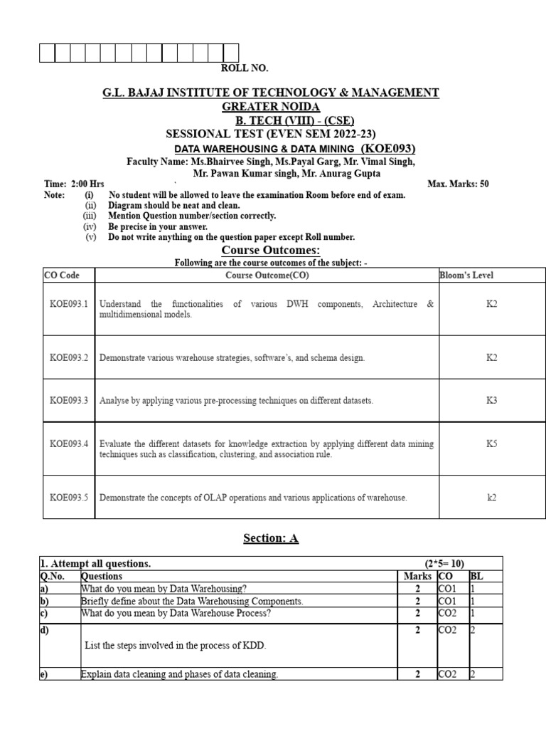 Data Warehousing Sessional Test 2022-23 | PDF