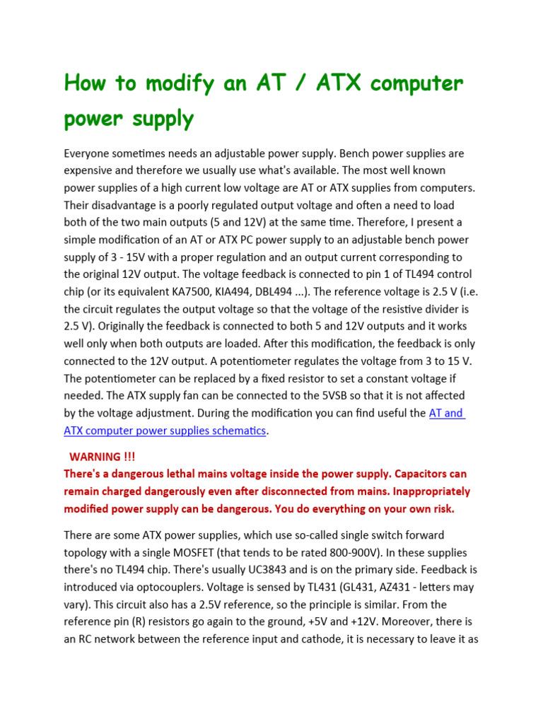 How To Modify An at ATX Computer Power Supply PDF Power Supply