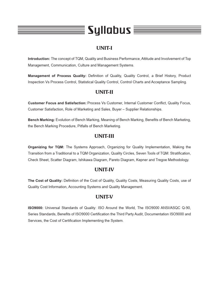 Syllabus: Unit-I | PDF | Iso 9000 | Quality Management