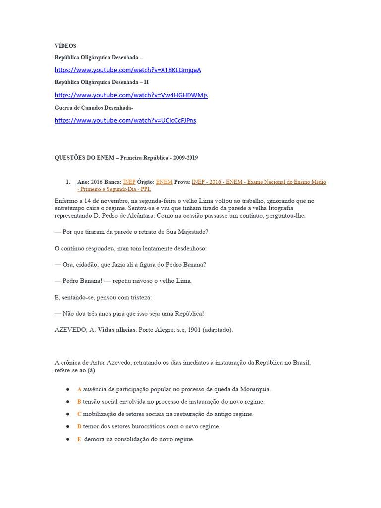 Questões do ENEM sobre a Primeira República | PDF