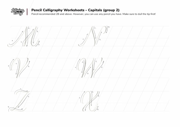 Pencil Calligraphy Worksheets - Capitals (Group 2) - Lettering Daily | PDF